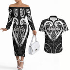 Custom Aotearoa Ngati Raukawa Couples Matching Off The Shoulder Long Sleeve Dress and Hawaiian Shirt Maori Tribal Pattern