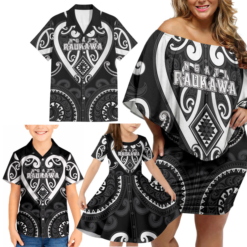 Custom Aotearoa Ngati Raukawa Family Matching Off Shoulder Short Dress and Hawaiian Shirt Maori Tribal Pattern