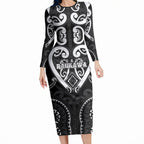 Custom Aotearoa Ngati Raukawa Long Sleeve Bodycon Dress Maori Tribal Pattern