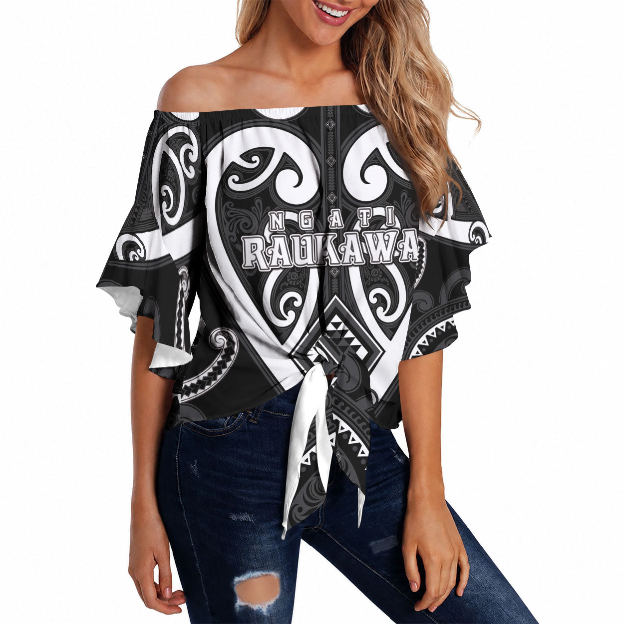 Custom Aotearoa Ngati Raukawa Off Shoulder Wrap Waist Top Maori Tribal Pattern