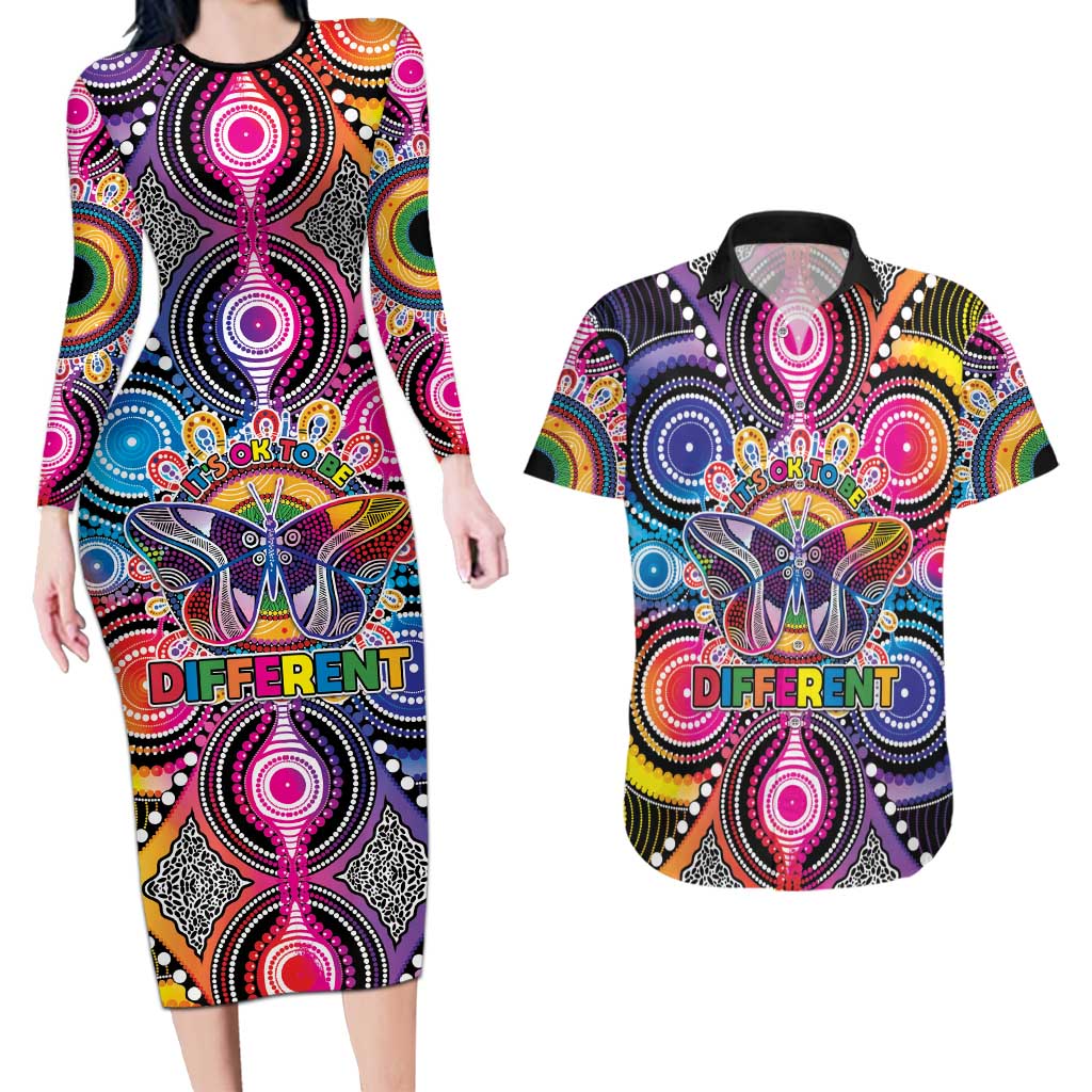 Australia Indigenous Autism Awareness Couples Matching Long Sleeve Bodycon Dress and Hawaiian Shirt Its Okay To Be Different