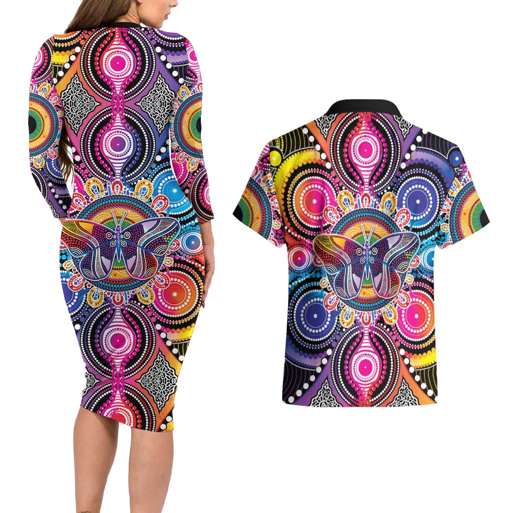 Australia Indigenous Autism Awareness Couples Matching Long Sleeve Bodycon Dress and Hawaiian Shirt Its Okay To Be Different