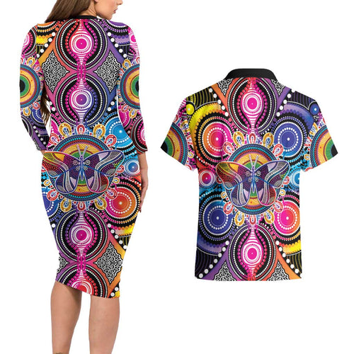 Australia Indigenous Autism Awareness Couples Matching Long Sleeve Bodycon Dress and Hawaiian Shirt Its Okay To Be Different