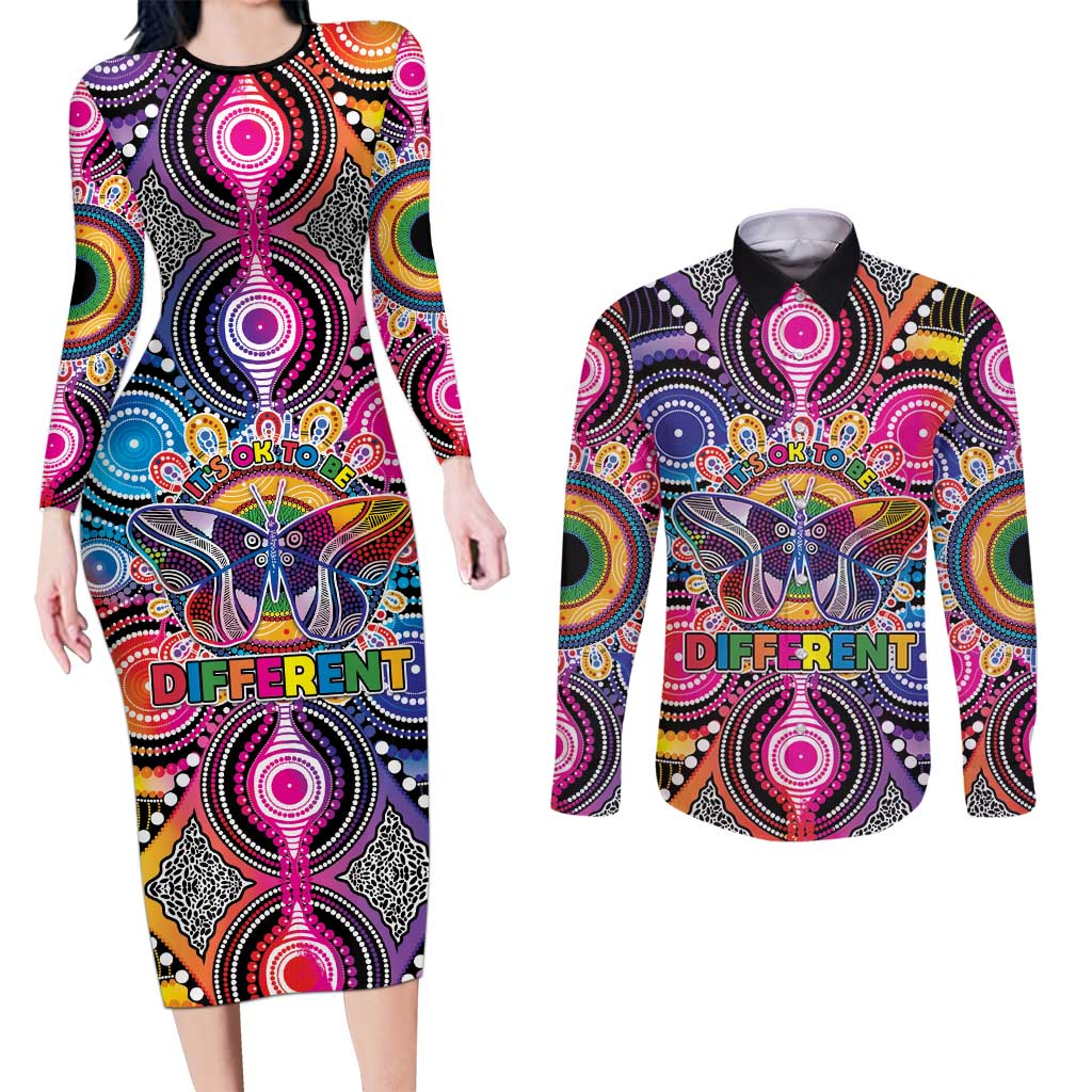Australia Indigenous Autism Awareness Couples Matching Long Sleeve Bodycon Dress and Long Sleeve Button Shirt Its Okay To Be Different