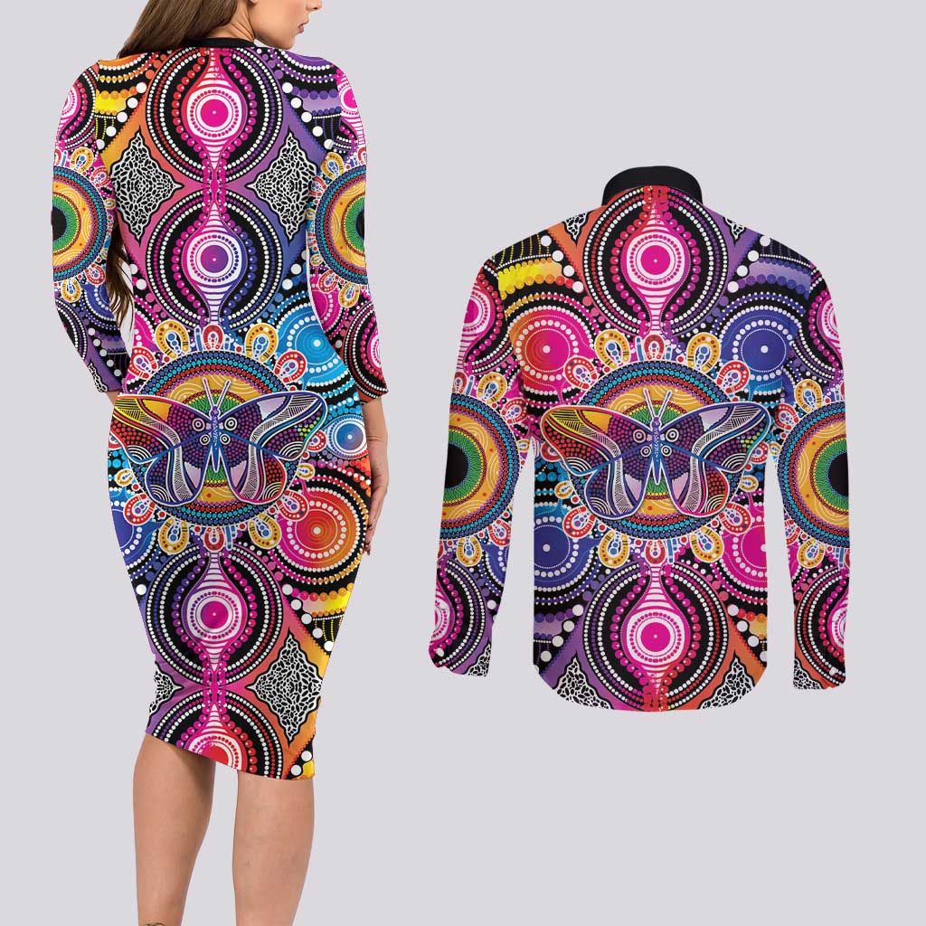 Australia Indigenous Autism Awareness Couples Matching Long Sleeve Bodycon Dress and Long Sleeve Button Shirt Its Okay To Be Different
