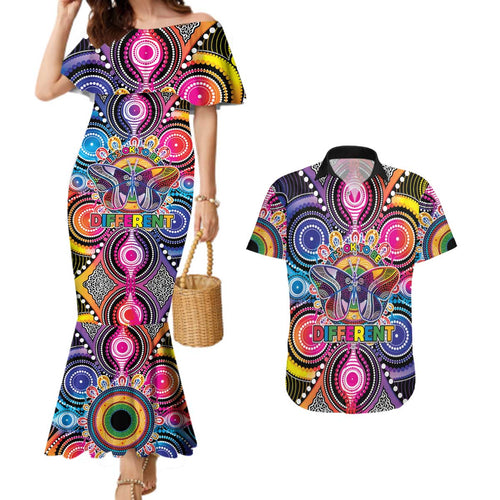 Australia Indigenous Autism Awareness Couples Matching Mermaid Dress and Hawaiian Shirt Its Okay To Be Different