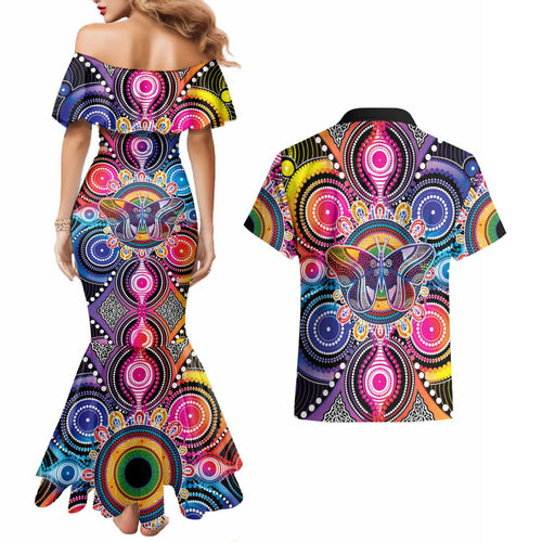 Australia Indigenous Autism Awareness Couples Matching Mermaid Dress and Hawaiian Shirt Its Okay To Be Different