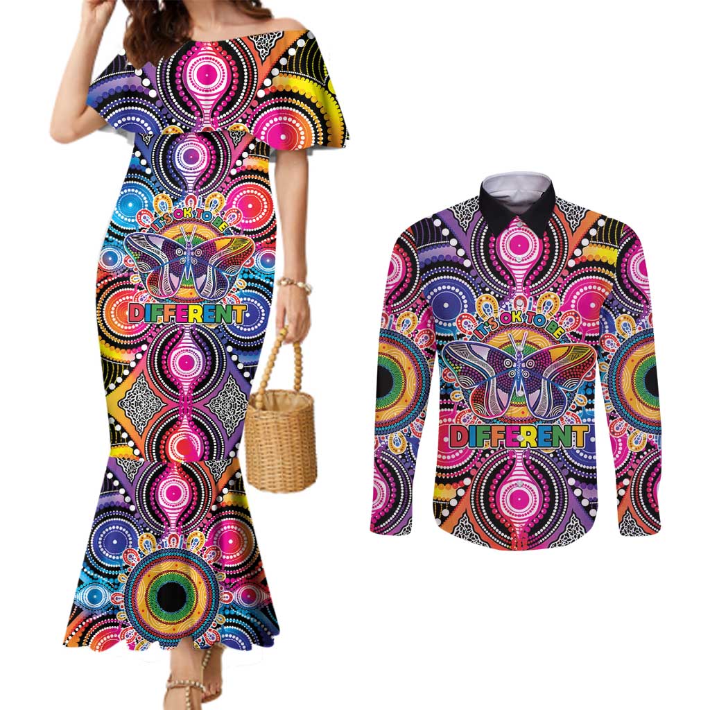 Australia Indigenous Autism Awareness Couples Matching Mermaid Dress and Long Sleeve Button Shirt Its Okay To Be Different