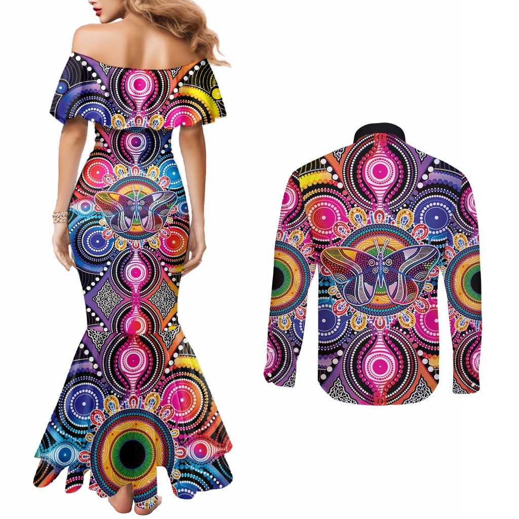 Australia Indigenous Autism Awareness Couples Matching Mermaid Dress and Long Sleeve Button Shirt Its Okay To Be Different