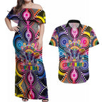 Australia Indigenous Autism Awareness Couples Matching Off Shoulder Maxi Dress and Hawaiian Shirt Its Okay To Be Different
