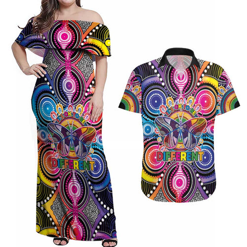Australia Indigenous Autism Awareness Couples Matching Off Shoulder Maxi Dress and Hawaiian Shirt Its Okay To Be Different