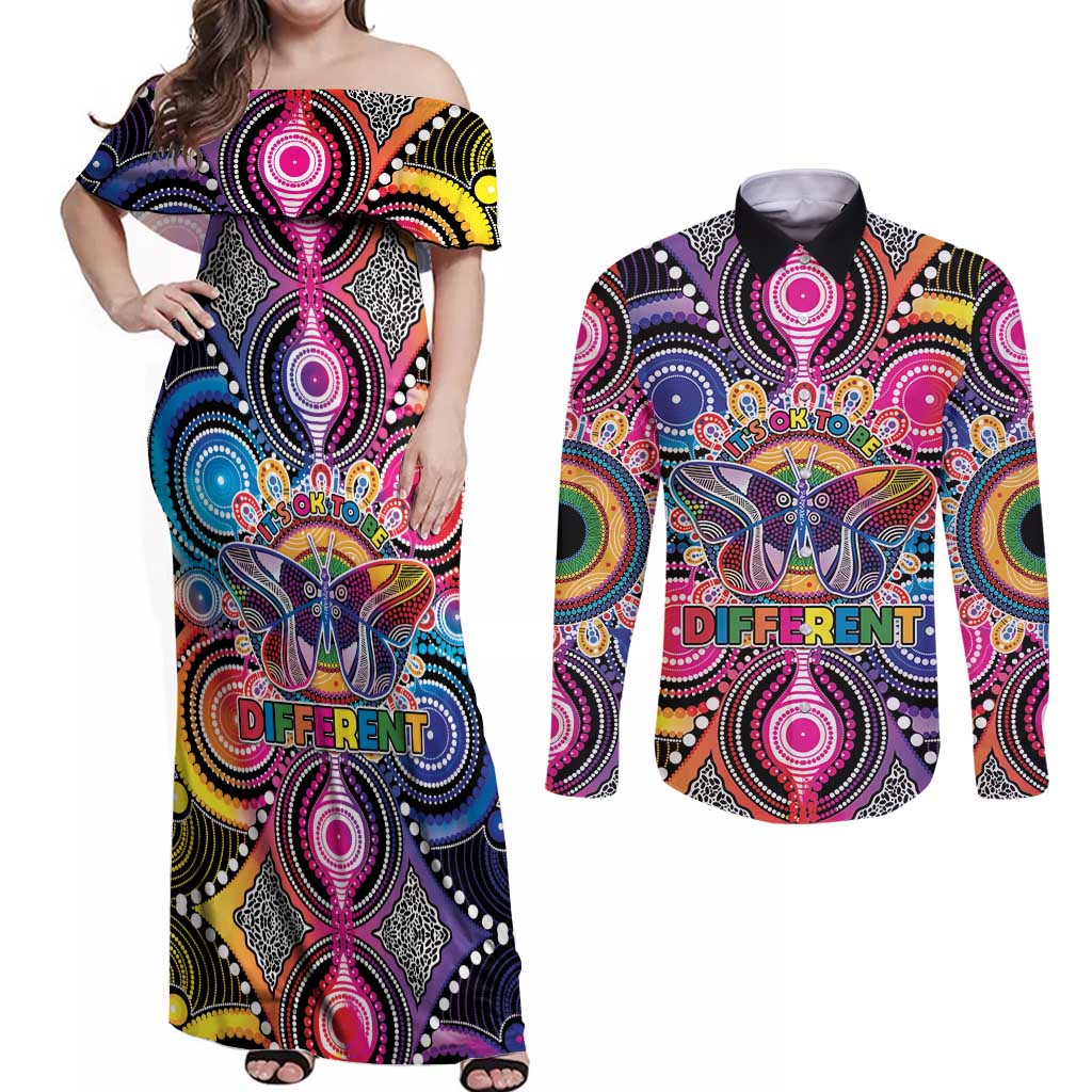 Australia Indigenous Autism Awareness Couples Matching Off Shoulder Maxi Dress and Long Sleeve Button Shirt Its Okay To Be Different
