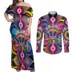 Australia Indigenous Autism Awareness Couples Matching Off Shoulder Maxi Dress and Long Sleeve Button Shirt Its Okay To Be Different