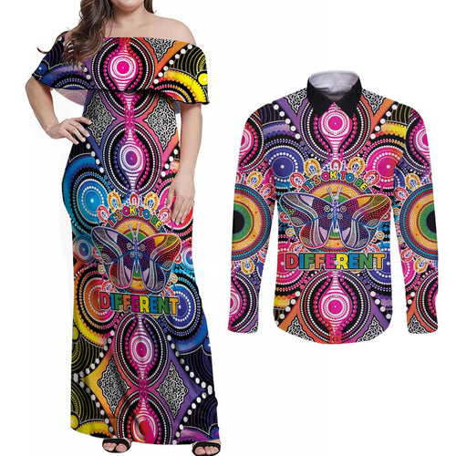 Australia Indigenous Autism Awareness Couples Matching Off Shoulder Maxi Dress and Long Sleeve Button Shirt Its Okay To Be Different