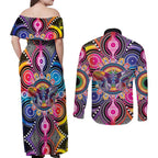 Australia Indigenous Autism Awareness Couples Matching Off Shoulder Maxi Dress and Long Sleeve Button Shirt Its Okay To Be Different