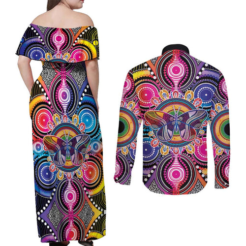 Australia Indigenous Autism Awareness Couples Matching Off Shoulder Maxi Dress and Long Sleeve Button Shirt Its Okay To Be Different