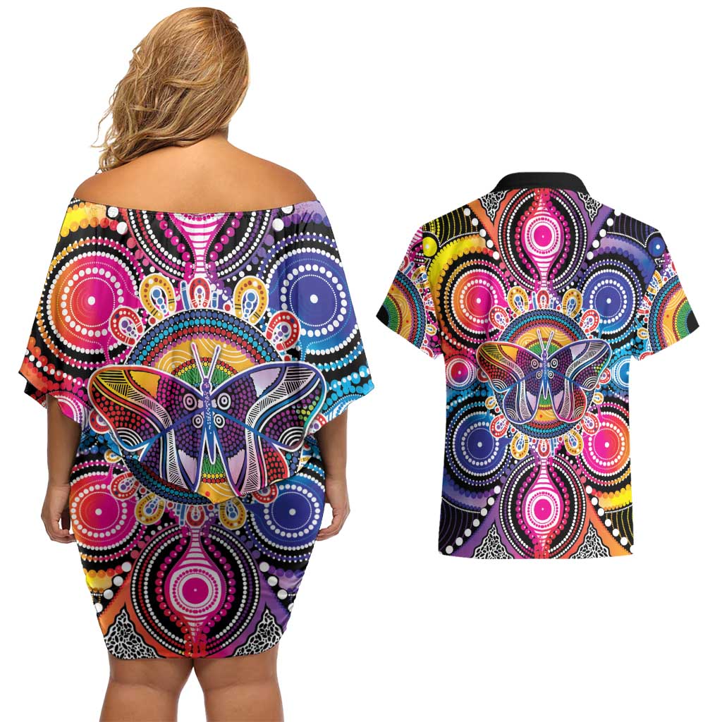 Australia Indigenous Autism Awareness Couples Matching Off Shoulder Short Dress and Hawaiian Shirt Its Okay To Be Different
