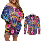 Australia Indigenous Autism Awareness Couples Matching Off Shoulder Short Dress and Long Sleeve Button Shirt Its Okay To Be Different