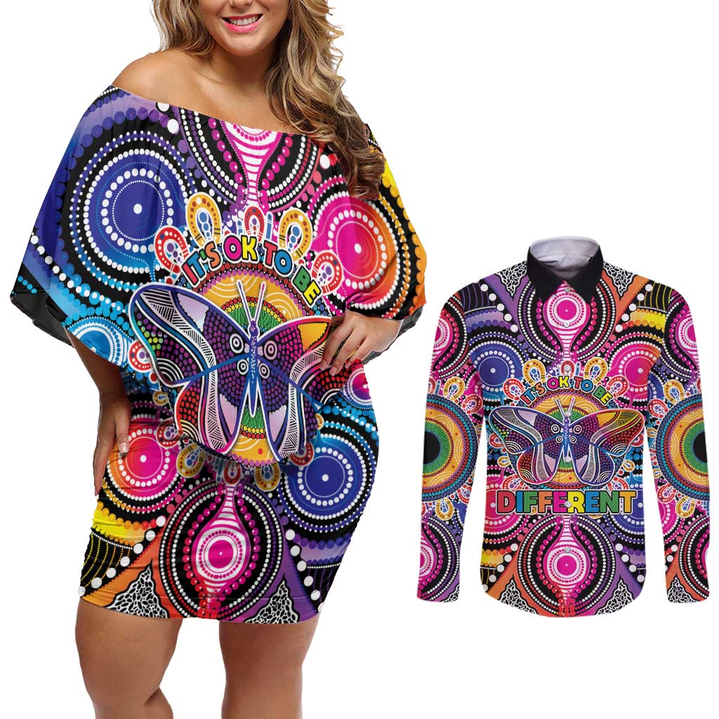 Australia Indigenous Autism Awareness Couples Matching Off Shoulder Short Dress and Long Sleeve Button Shirt Its Okay To Be Different