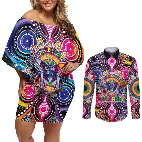 Australia Indigenous Autism Awareness Couples Matching Off Shoulder Short Dress and Long Sleeve Button Shirt Its Okay To Be Different