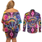 Australia Indigenous Autism Awareness Couples Matching Off Shoulder Short Dress and Long Sleeve Button Shirt Its Okay To Be Different