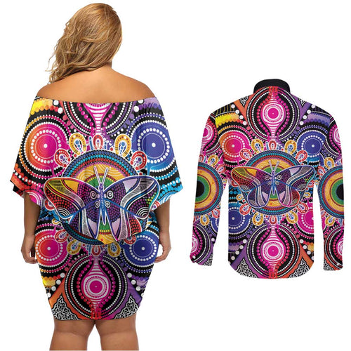 Australia Indigenous Autism Awareness Couples Matching Off Shoulder Short Dress and Long Sleeve Button Shirt Its Okay To Be Different