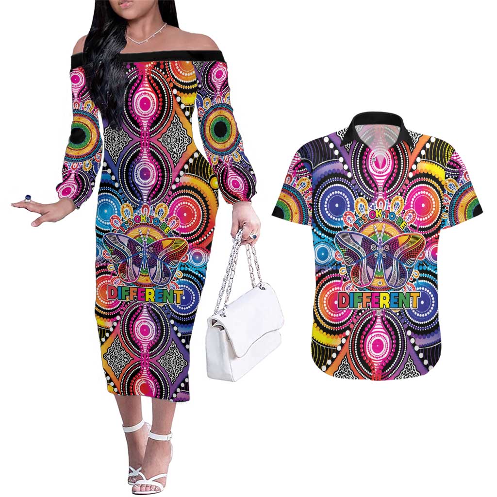 Australia Indigenous Autism Awareness Couples Matching Off The Shoulder Long Sleeve Dress and Hawaiian Shirt Its Okay To Be Different