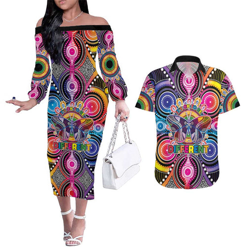 Australia Indigenous Autism Awareness Couples Matching Off The Shoulder Long Sleeve Dress and Hawaiian Shirt Its Okay To Be Different