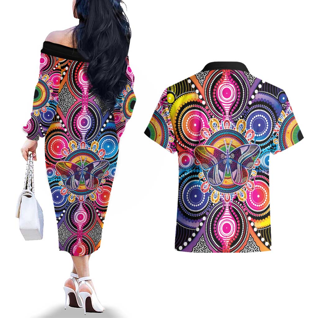 Australia Indigenous Autism Awareness Couples Matching Off The Shoulder Long Sleeve Dress and Hawaiian Shirt Its Okay To Be Different