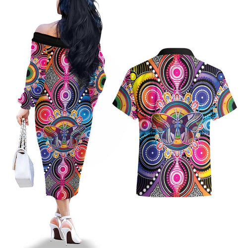 Australia Indigenous Autism Awareness Couples Matching Off The Shoulder Long Sleeve Dress and Hawaiian Shirt Its Okay To Be Different