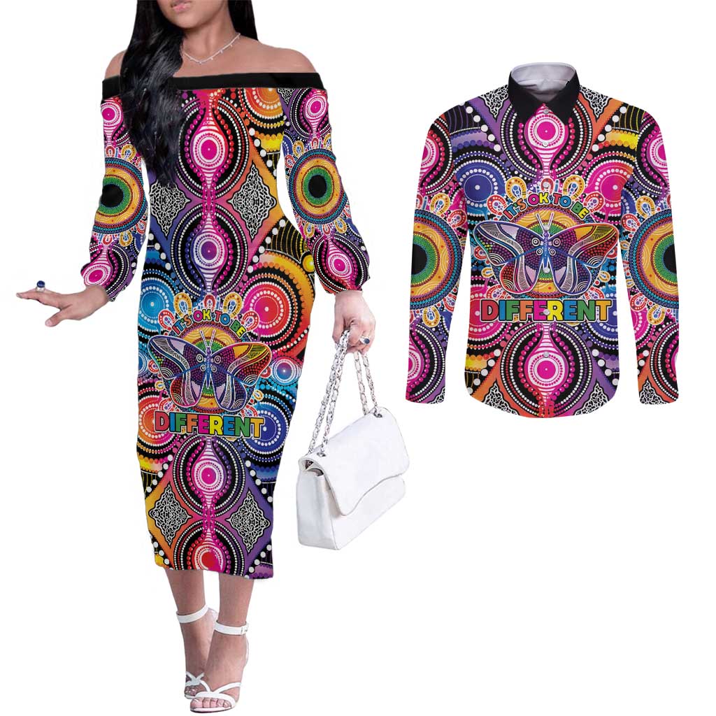 Australia Indigenous Autism Awareness Couples Matching Off The Shoulder Long Sleeve Dress and Long Sleeve Button Shirt Its Okay To Be Different