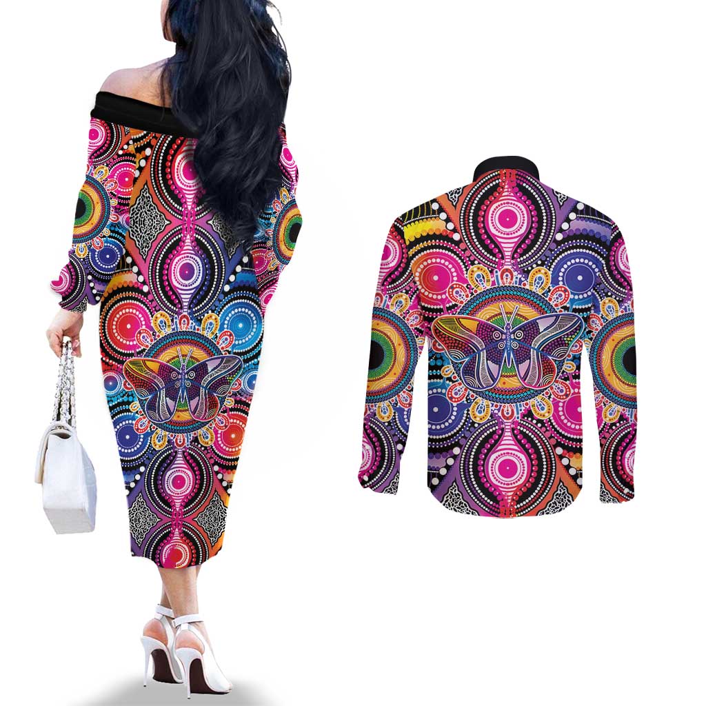 Australia Indigenous Autism Awareness Couples Matching Off The Shoulder Long Sleeve Dress and Long Sleeve Button Shirt Its Okay To Be Different
