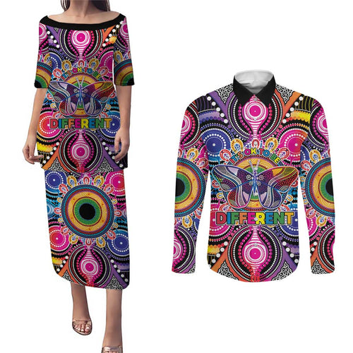 Australia Indigenous Autism Awareness Couples Matching Puletasi and Long Sleeve Button Shirt Its Okay To Be Different