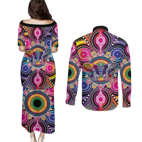 Australia Indigenous Autism Awareness Couples Matching Puletasi and Long Sleeve Button Shirt Its Okay To Be Different