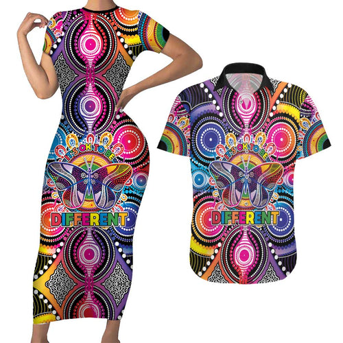 Australia Indigenous Autism Awareness Couples Matching Short Sleeve Bodycon Dress and Hawaiian Shirt Its Okay To Be Different