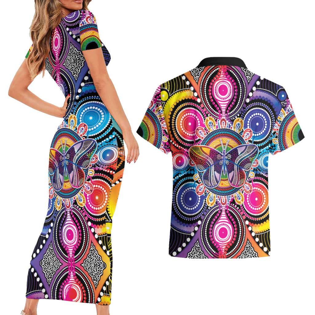 Australia Indigenous Autism Awareness Couples Matching Short Sleeve Bodycon Dress and Hawaiian Shirt Its Okay To Be Different