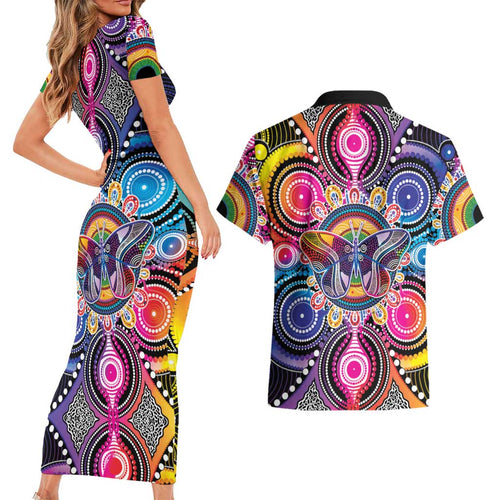 Australia Indigenous Autism Awareness Couples Matching Short Sleeve Bodycon Dress and Hawaiian Shirt Its Okay To Be Different