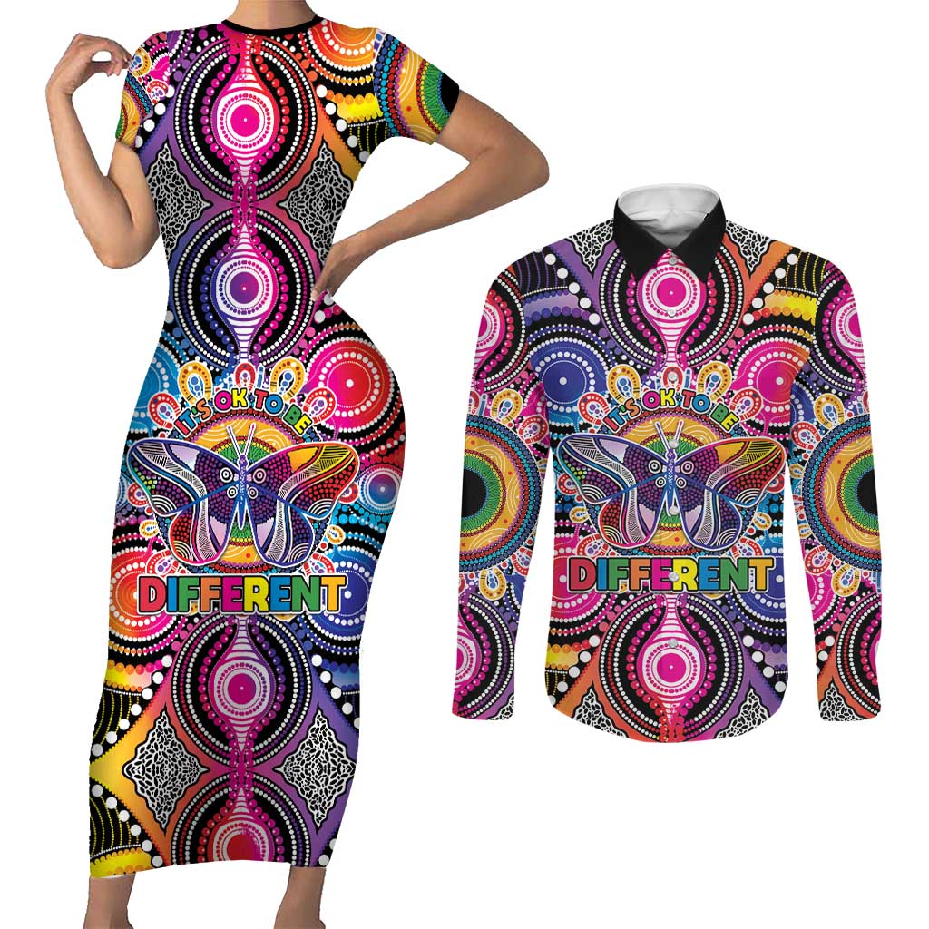 Australia Indigenous Autism Awareness Couples Matching Short Sleeve Bodycon Dress and Long Sleeve Button Shirt Its Okay To Be Different