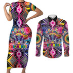 Australia Indigenous Autism Awareness Couples Matching Short Sleeve Bodycon Dress and Long Sleeve Button Shirt Its Okay To Be Different