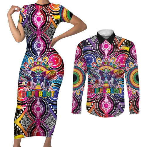Australia Indigenous Autism Awareness Couples Matching Short Sleeve Bodycon Dress and Long Sleeve Button Shirt Its Okay To Be Different