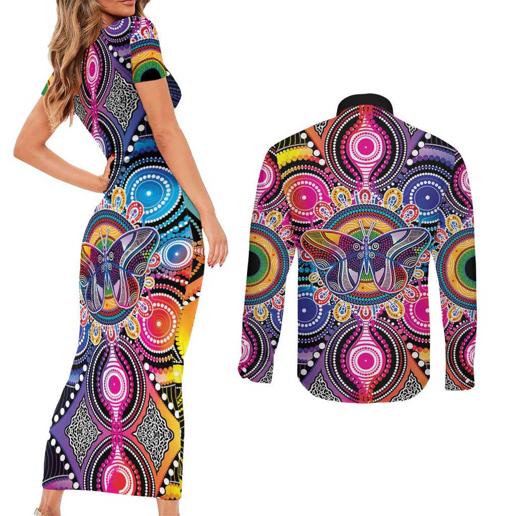 Australia Indigenous Autism Awareness Couples Matching Short Sleeve Bodycon Dress and Long Sleeve Button Shirt Its Okay To Be Different