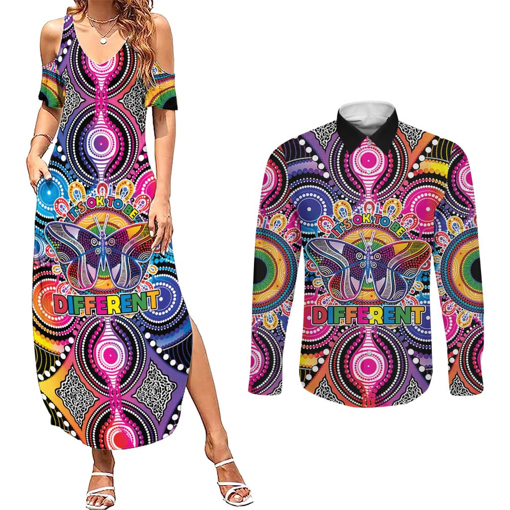 Australia Indigenous Autism Awareness Couples Matching Summer Maxi Dress and Long Sleeve Button Shirt Its Okay To Be Different