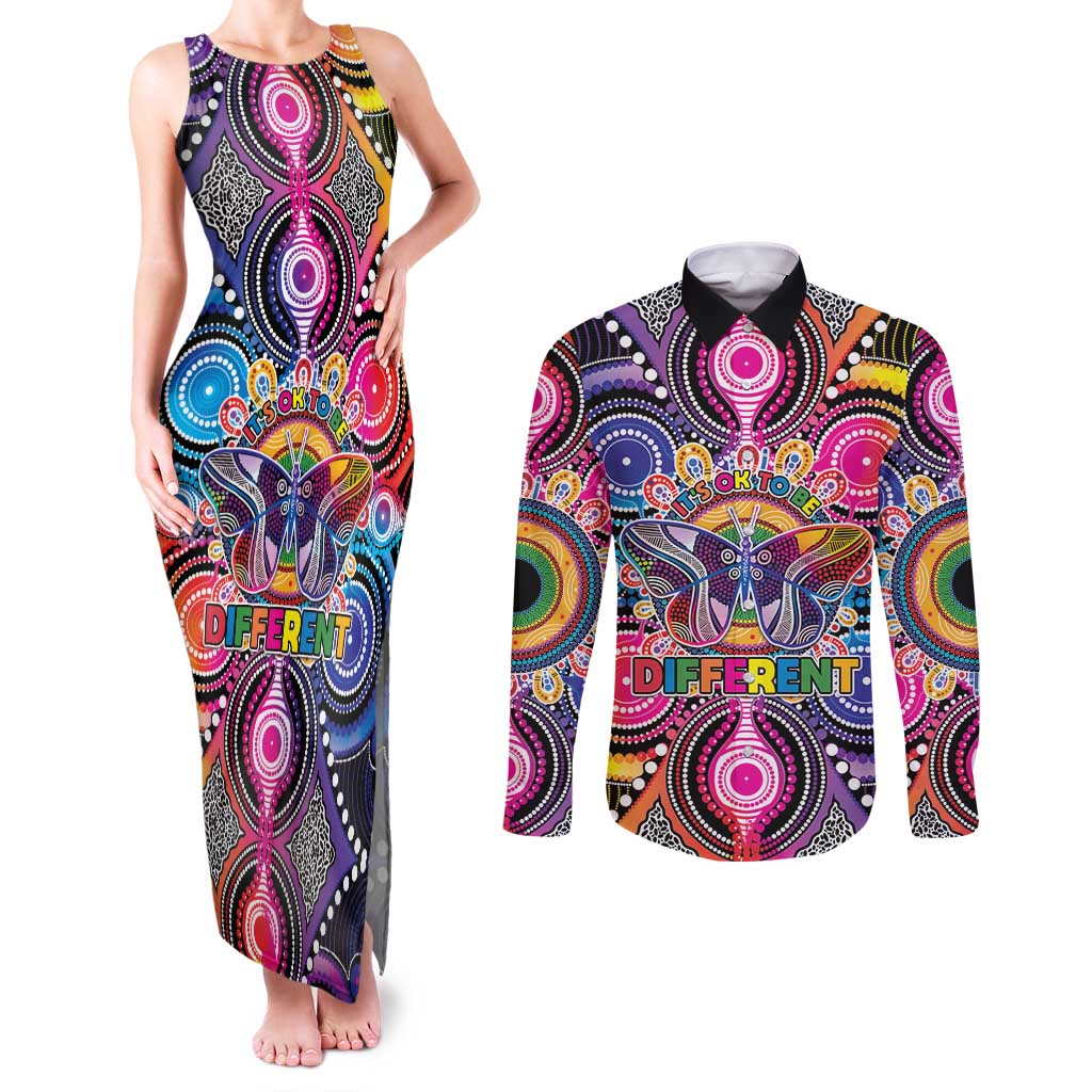 Australia Indigenous Autism Awareness Couples Matching Tank Maxi Dress and Long Sleeve Button Shirt Its Okay To Be Different