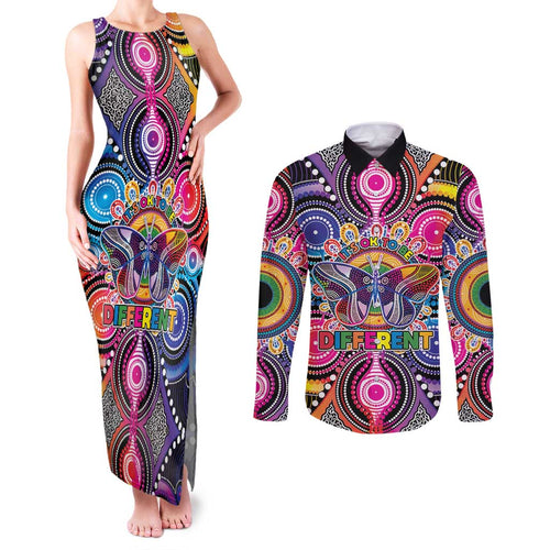 Australia Indigenous Autism Awareness Couples Matching Tank Maxi Dress and Long Sleeve Button Shirt Its Okay To Be Different