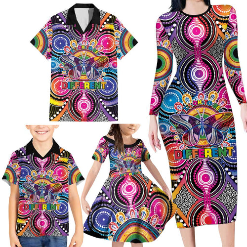 Australia Indigenous Autism Awareness Family Matching Long Sleeve Bodycon Dress and Hawaiian Shirt Its Okay To Be Different