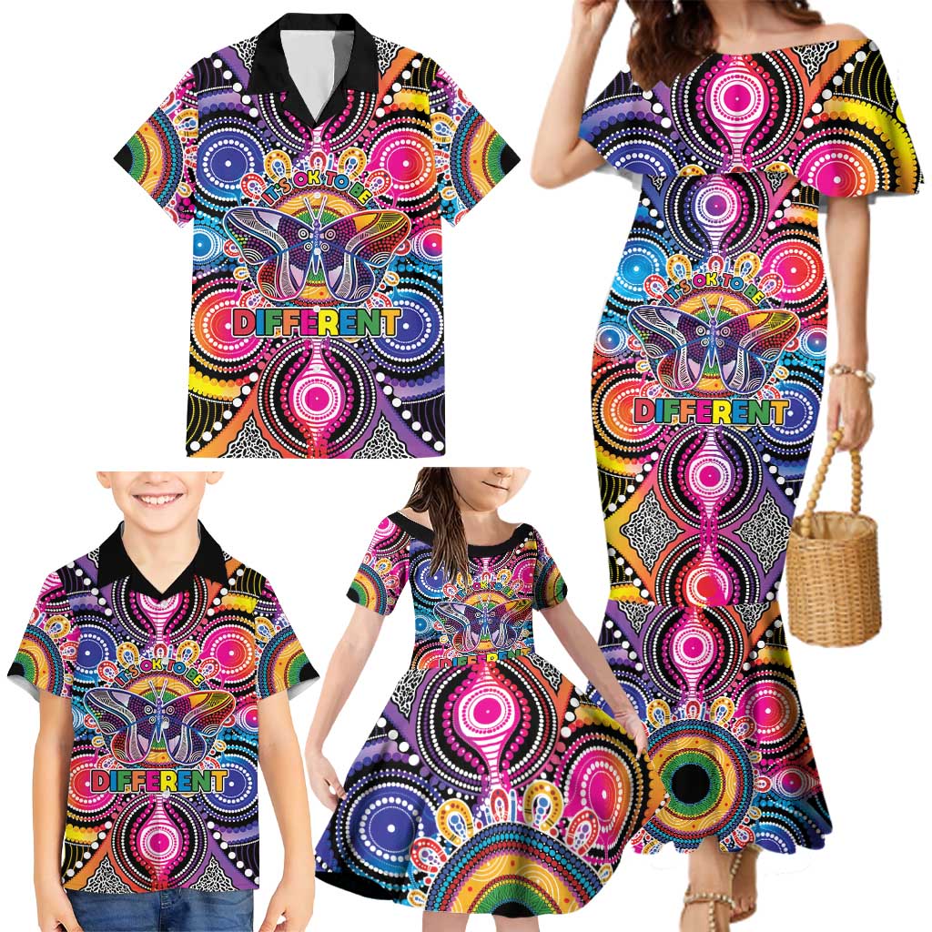 Australia Indigenous Autism Awareness Family Matching Mermaid Dress and Hawaiian Shirt Its Okay To Be Different