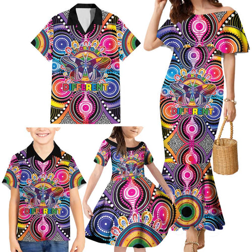Australia Indigenous Autism Awareness Family Matching Mermaid Dress and Hawaiian Shirt Its Okay To Be Different