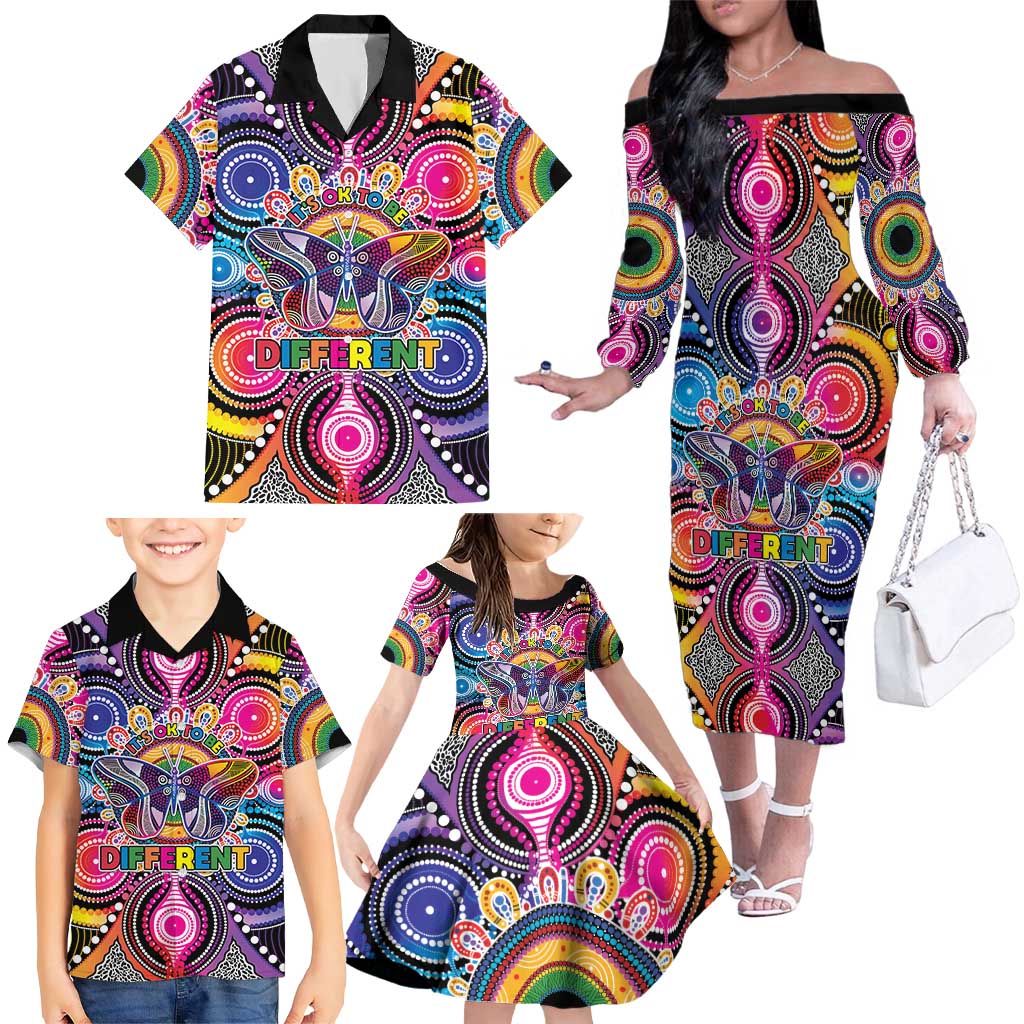 Australia Indigenous Autism Awareness Family Matching Off The Shoulder Long Sleeve Dress and Hawaiian Shirt Its Okay To Be Different