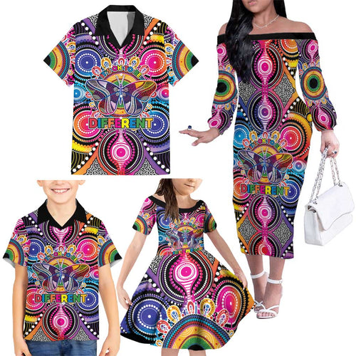 Australia Indigenous Autism Awareness Family Matching Off The Shoulder Long Sleeve Dress and Hawaiian Shirt Its Okay To Be Different