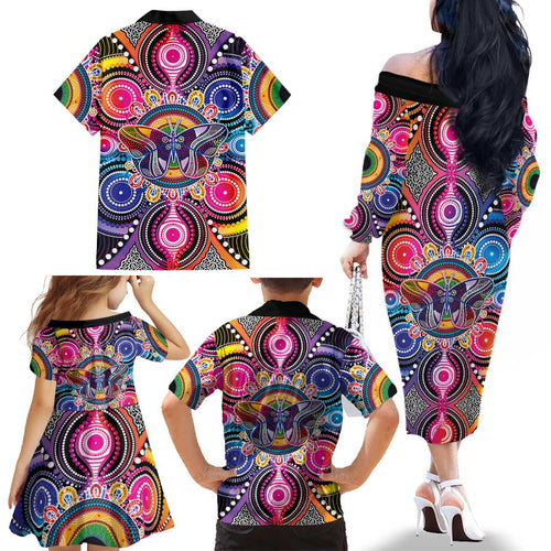 Australia Indigenous Autism Awareness Family Matching Off The Shoulder Long Sleeve Dress and Hawaiian Shirt Its Okay To Be Different